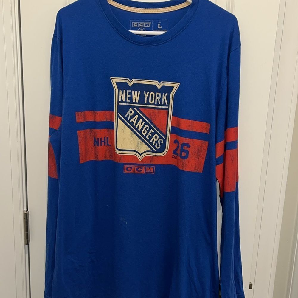 CCM New York Rangers Hockey Mens Vintage Jersey Style LS T Shirt L w/Marks
